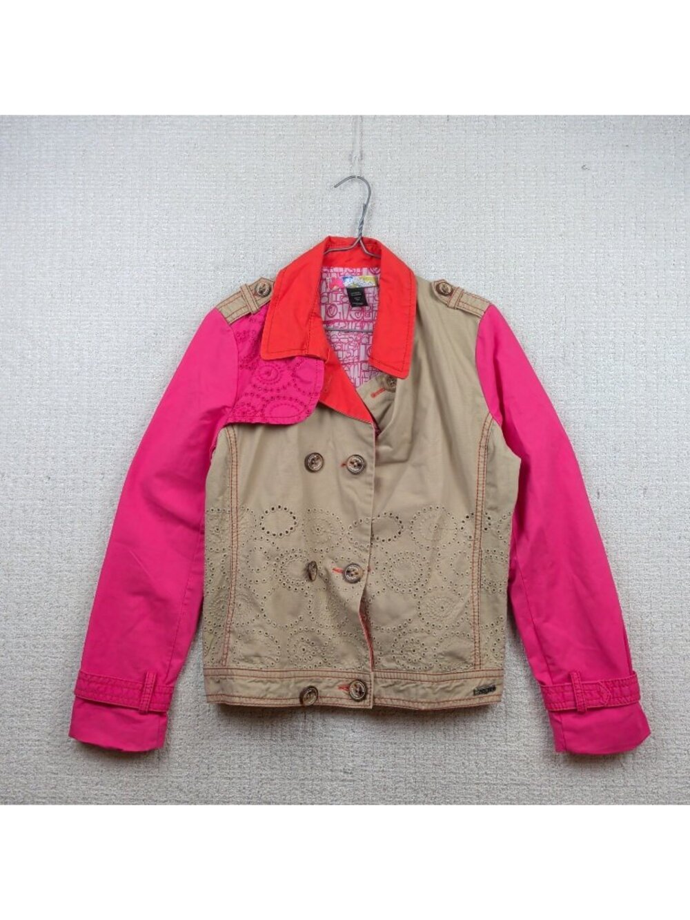 Y2K Desigual Trench Utility Double Breasted Jacket Boho Beige / Pink Women Sz 42